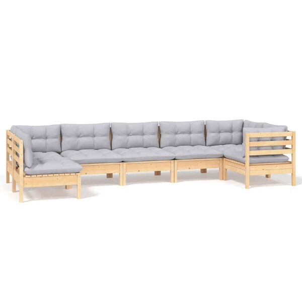 vidaXL Loungegrupp med gr&aring; dynor 7 delar massiv furu