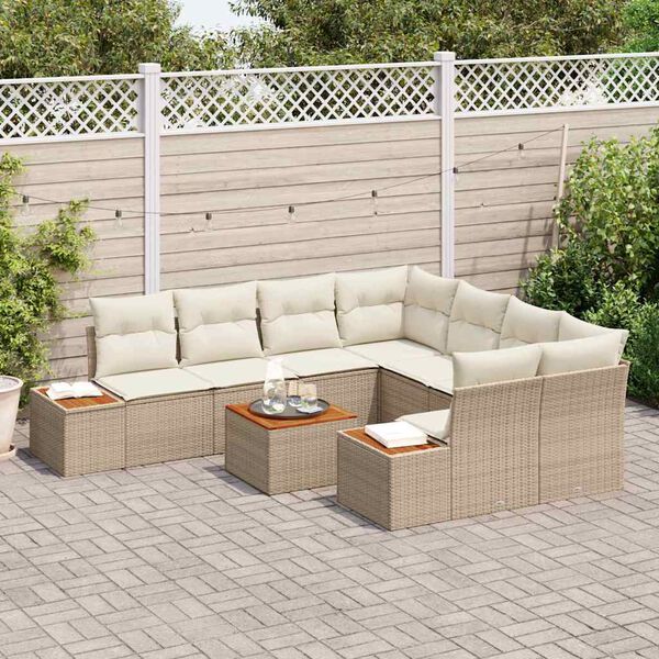 vidaXL Tr&auml;dg&aring;rdsoffset med kudde 9 pcs Beige Poly rattan