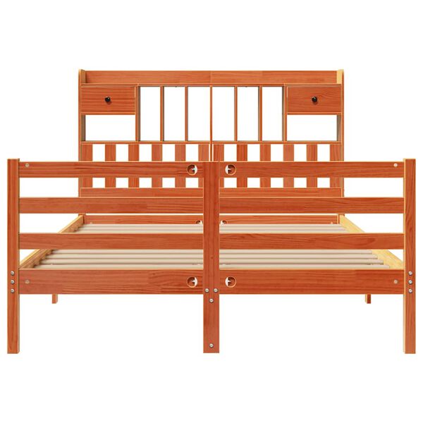 vidaXL S&auml;ng med bokhylla utan madrass vaxbrun 140x190cm massiv furu