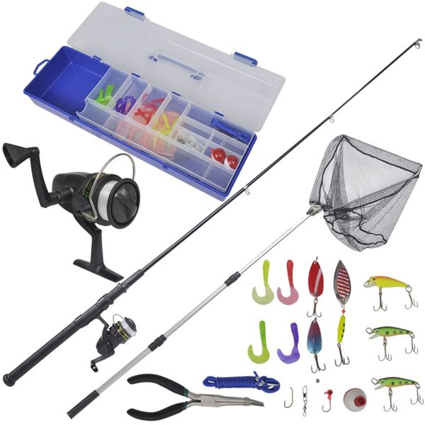 62 delars Fiskeset med teleskopsp&ouml;, rulle och fiskeh&aring;v 1,6 m