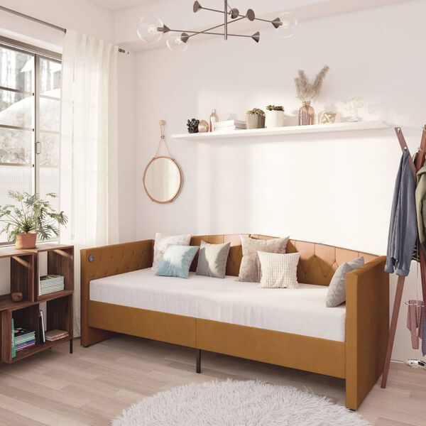 vidaXL Dagb&auml;dd med madrass USB brun sammet 90x200 cm