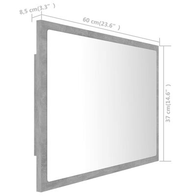 vidaXL Badrumsspegel med LED betonggrå 60x8,5x37 cm akryl