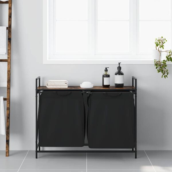 vidaXL Tvättkorg 2 fack med hylla rökfärgad ek