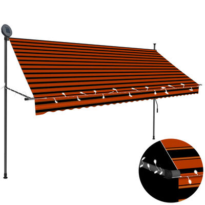 vidaXL Markis manuellt infällbar med LED 300 cm orange och brun
