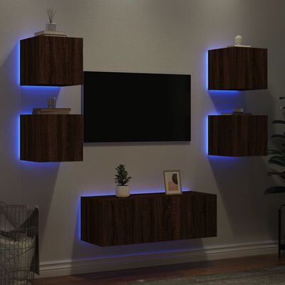 vidaXL Tv-bänk 6 delar LED brun ek konstruerat trä