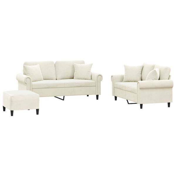 vidaXL Soffgrupp med kuddar 3 delar gräddvit sammet