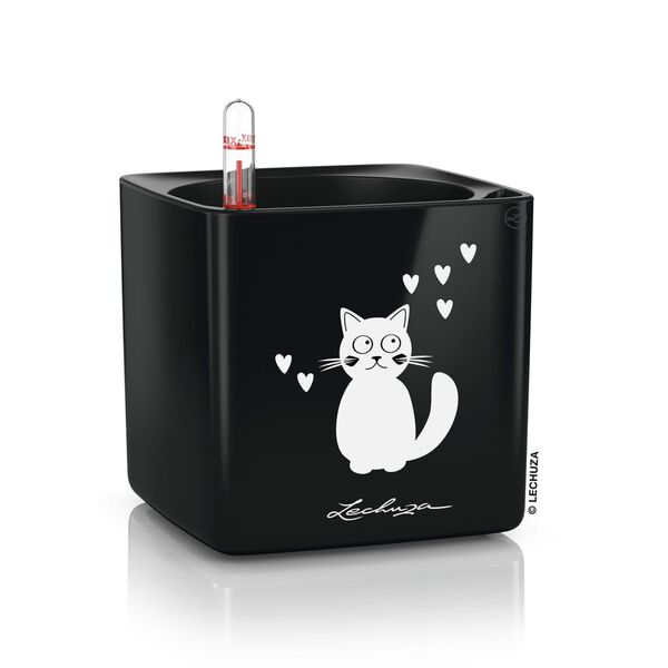 LECHUZA Blomkruka CUBE Glossy CAT 14 ALL-IN-ONE svart h&ouml;gglans
