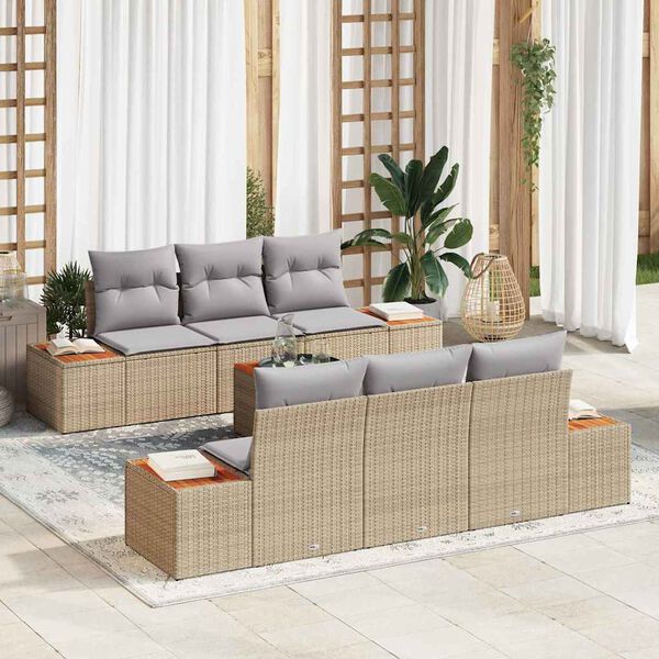 vidaXL Tr&auml;dg&aring;rdsoffset med kudde 7 pcs Beige Poly rattan