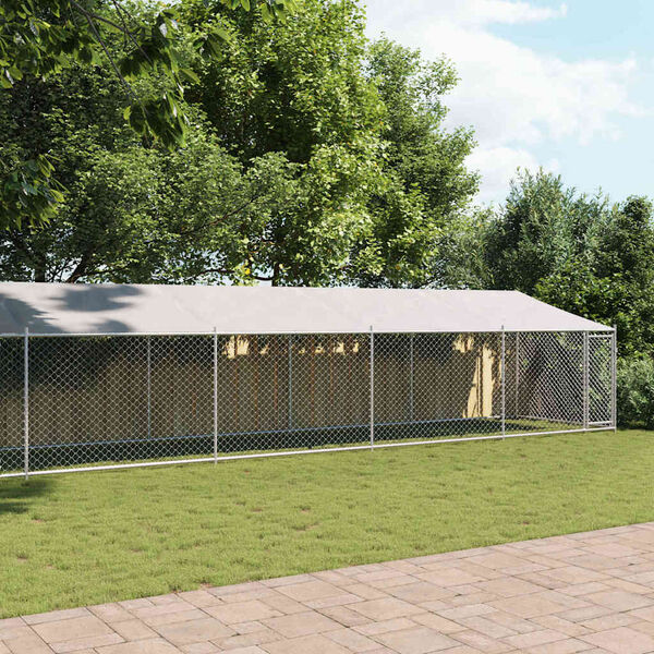 vidaXL Hundgård med tak och dörr grå 12x2x2 cm galvaniserat stål