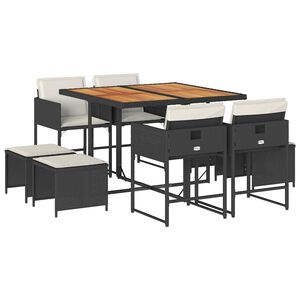 vidaXL Matgrupp f&ouml;r tr&auml;dg&aring;rden med dynor 9 delar svart konstrottning