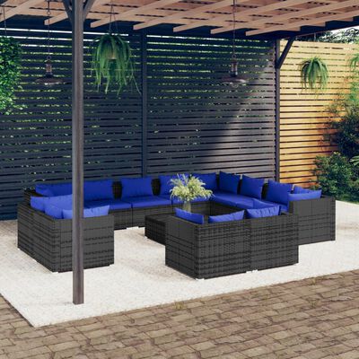 vidaXL Loungegrupp för trädgården med dynor 13 delar konstrotting grå