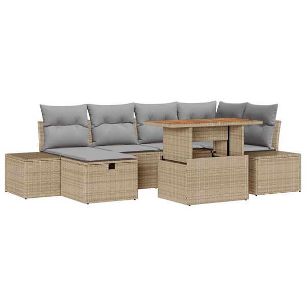 vidaXL Tr&auml;dg&aring;rdsoffset med kudde med lagring 7 pcs Beige Poly rattan