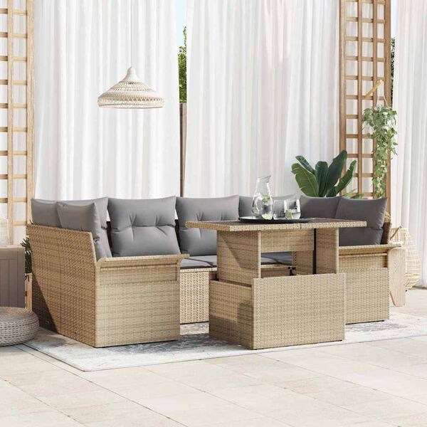 vidaXL Tr&auml;dg&aring;rdsoffset med kudde med lagring 7 pcs Beige Poly rattan