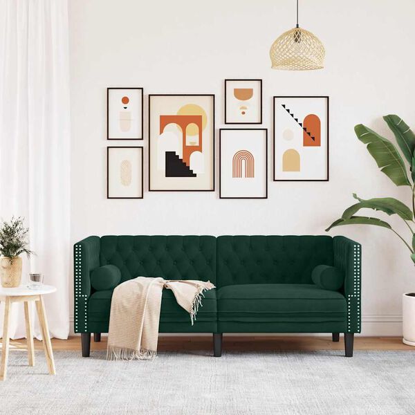 vidaXL Chesterfieldsoffa med bolsterkuddar 2-sits mörkgrön sammet