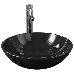 vidaXL Handfat med kran och tryckavlopp svart h&auml;rdat glas