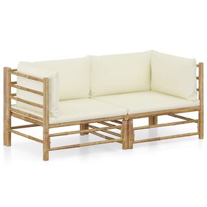 vidaXL Loungegrupp f&ouml;r tr&auml;dg&aring;rden med gr&auml;ddvita dynor 2 delar bambu