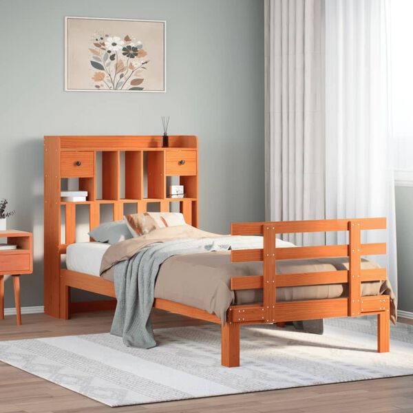 vidaXL S&auml;ng med bokhylla utan madrass vaxbrun 100x200 cm massiv furu