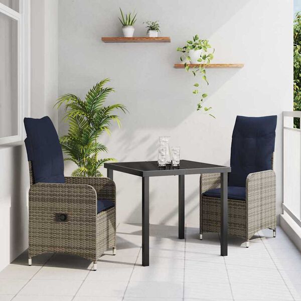 vidaXL Bord- och stolset med kudde 3 pcs Gr&aring; PE Rattan