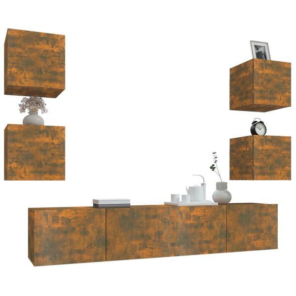 vidaXL Tv-sk&aring;p 6 delar R&ouml;kf&auml;rgad ek konstruerat tr&auml;