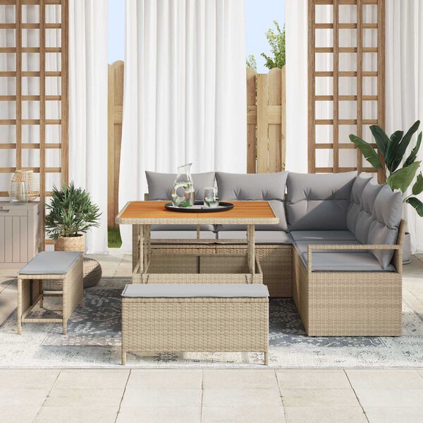 vidaXL Tr&auml;dg&aring;rdsoffset med kudde 8 pcs Beige Poly rattan
