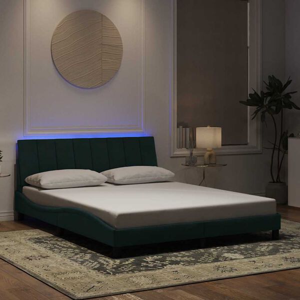 vidaXL Bed Frame with LED without Mattress "Hanko" Dark Green 160x200 cm Velvet