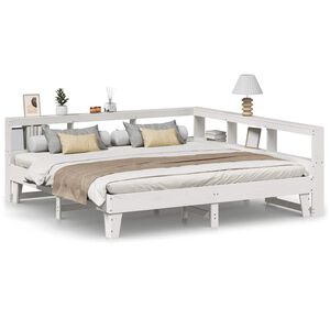 vidaXL S&auml;ng med bokhylla utan madrass vit 200x200cm massiv furu