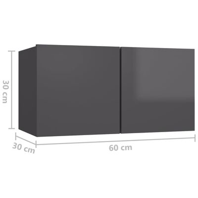 vidaXL Väggmonterade TV-skåp 3 st grå högglans 60x30x30 cm