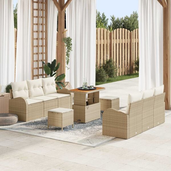 vidaXL Trädgårdsoffset med kudde 9 pcs Beige Poly rattan