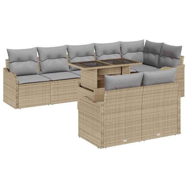 vidaXL Tr&auml;dg&aring;rdsoffset med kudde med kudde 9 pcs Beige Poly Rattan