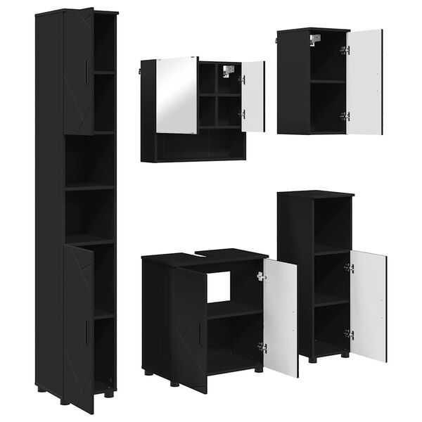 vidaXL Badrumsm&ouml;belset med d&ouml;rr 5 pcs Svart Konstruerat tr&auml; & Metall