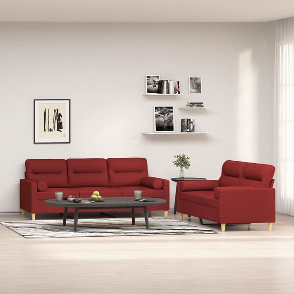 vidaXL Soffgrupp med prydnadskuddar & dynor 2 delar Vinr&ouml;d tyg