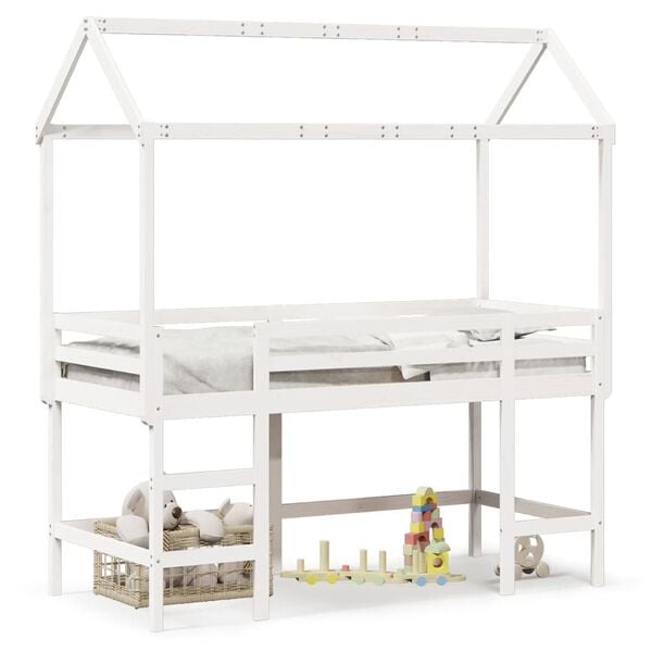 vidaXL Våningssäng med stege och tak vit 90x190 cm massiv furu
