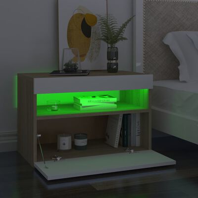 vidaXL Sängbord med LED-belysning 2 st vit och sonoma-ek 60x35x40 cm