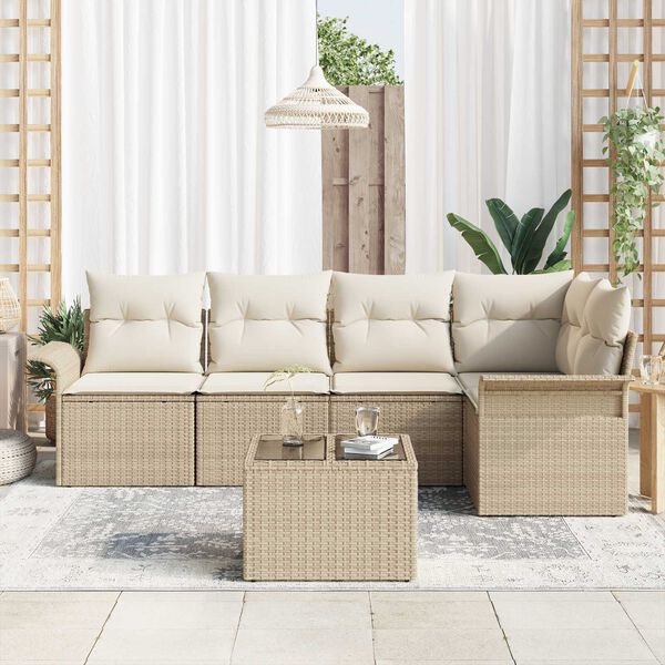 vidaXL Tr&auml;dg&aring;rdsoffset med kudde med lagring 6 pcs Beige Poly rattan