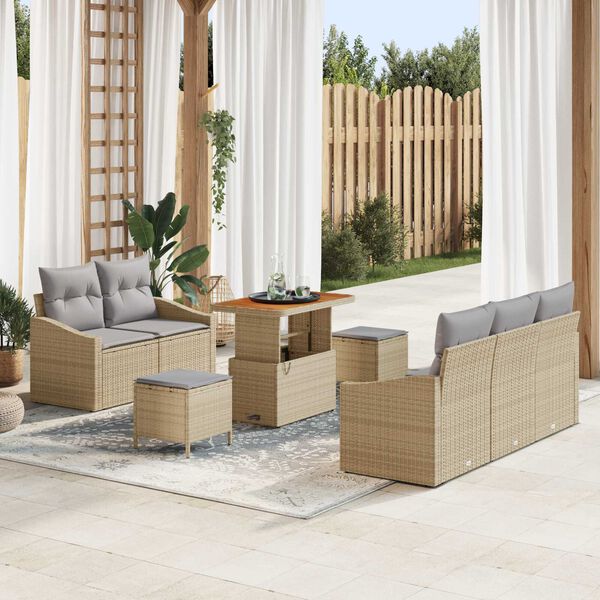 vidaXL Tr&auml;dg&aring;rdsoffset med kudde 8 pcs Beige Poly rattan