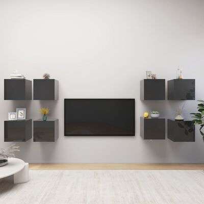 vidaXL Väggmonterade tv-skåp 8 delar grå högglans 30,5x30x30 cm