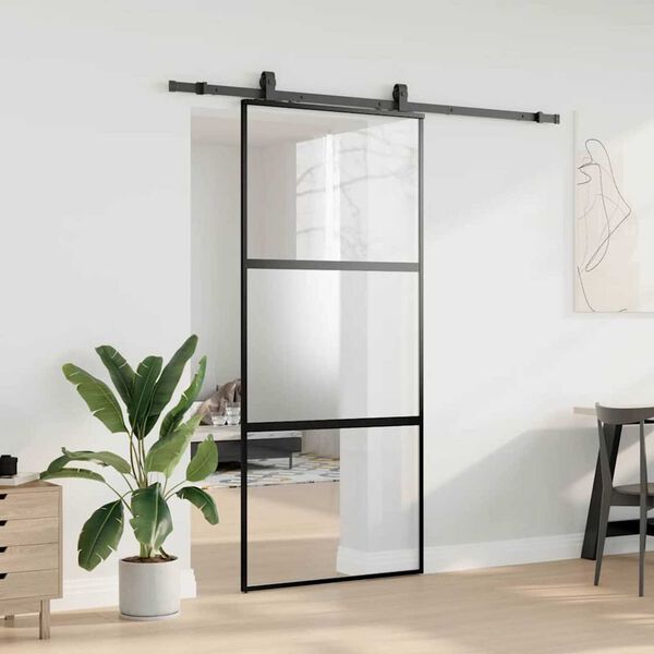 vidaXL Skjutd&ouml;rr med beslagssats svart 90x205 cm h&auml;rdat glas