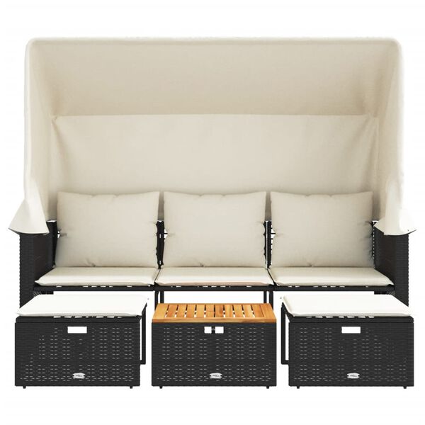 vidaXL Trädgårdssoffa 3-sits med tak och pallar svart konstrotting