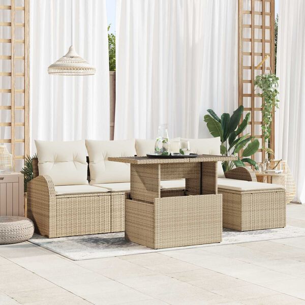 vidaXL Tr&auml;dg&aring;rdsoffset med kudde med lagring 6 pcs Beige Poly rattan