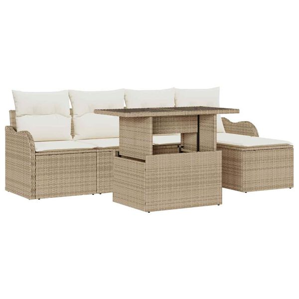 vidaXL Tr&auml;dg&aring;rdsoffset med kudde 6 pcs Beige Polyrattan
