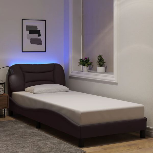 vidaXL Bed Frame with LED without Mattress "Hvar" Dark Brown 90x200 cm Fabric