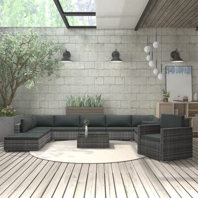 vidaXL Loungegrupp för trädgården med dynor 11 delar konstrotting grå