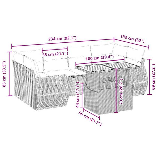 vidaXL Matgrupp f&ouml;r tr&auml;dg&aring;rden med dynor 7 delar beige konstrotting