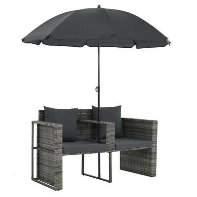 vidaXL Trädgårdssoffa 2-sits med dynor & parasoll konstrotting grå