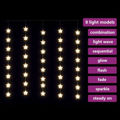 vidaXL Ljusgardin med stjärnor 200 lysdioder varmvit 8 funktioner