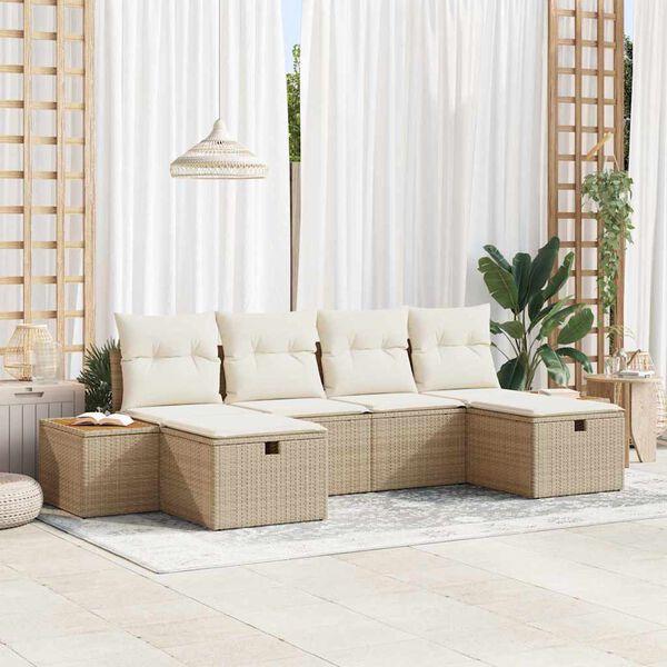 vidaXL Tr&auml;dg&aring;rdsoffset med kudde 6 pcs Beige Poly rattan