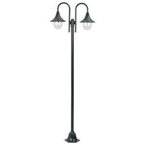 vidaXL Lyktstolpe f&ouml;r tr&auml;dg&aring;rd E27 220 cm aluminium 2 lyktor m&ouml;rkgr&ouml;n