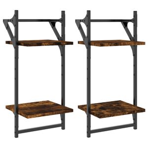 vidaXL V&auml;gghyllor 2-plan med st&auml;nger 2 st r&ouml;kf&auml;rgad ek 30x25x65 cm
