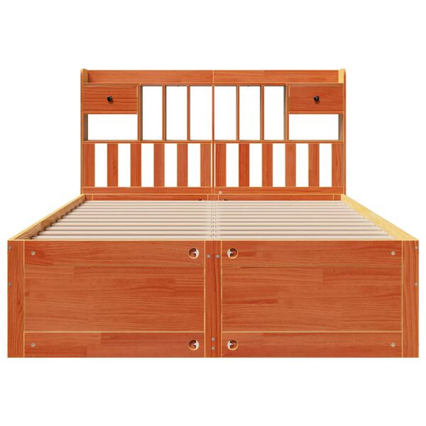 vidaXL Säng med bokhylla utan madrass vaxbrun 150x200cm massiv furu