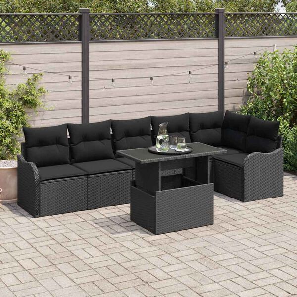 vidaXL Soffset med kudde 7 pcs Svart Poly rattan